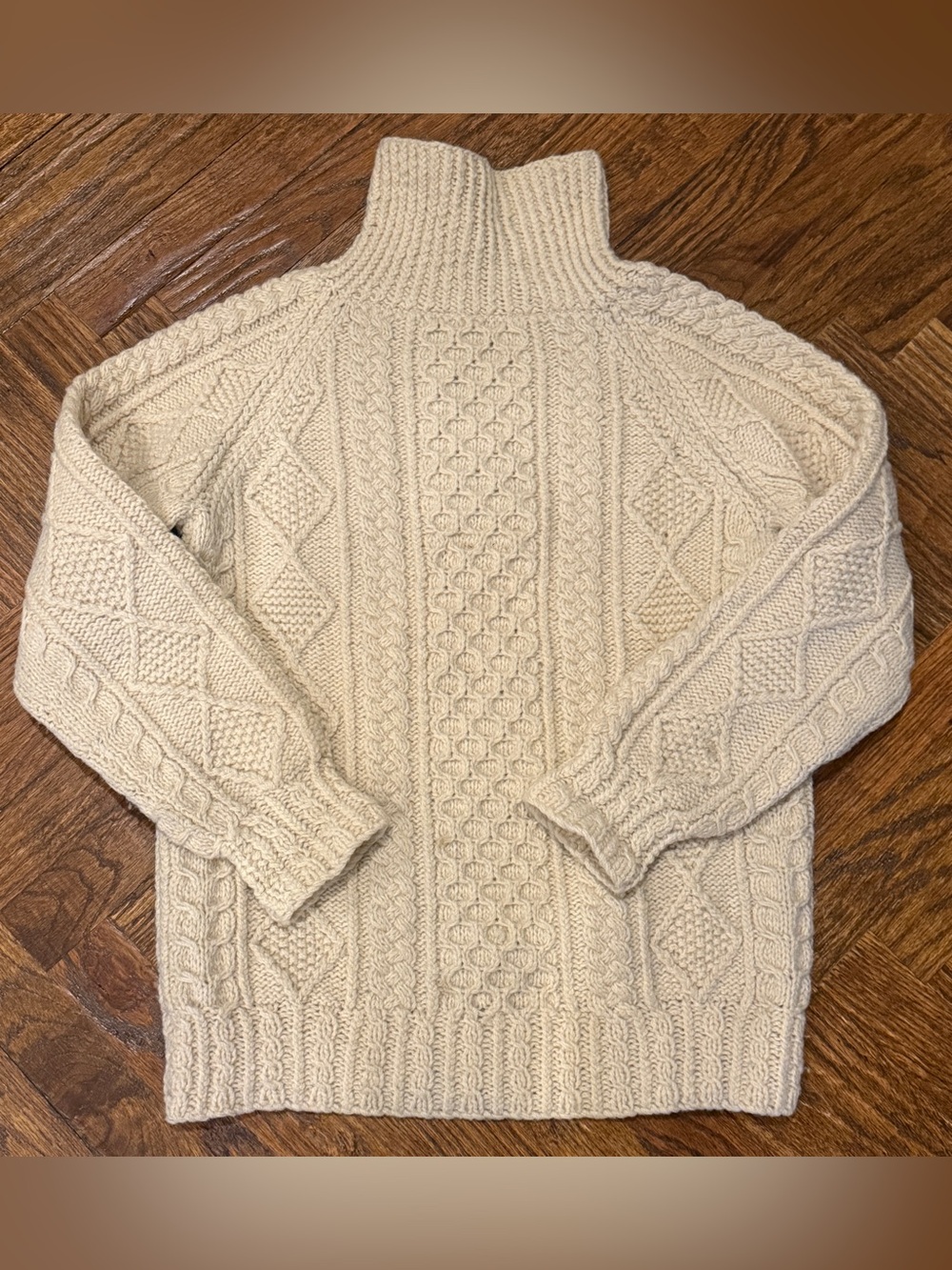 Vintage Hand Knit Irish Wool Cable Knit Turtleneck Fisherman Chunky Sweater M